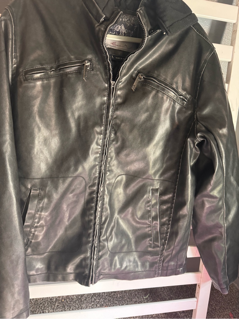 Men's Black Faux Leather Bomber Jacket with Zip Pockets
